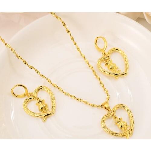 Gold Necklace Earring Set Women Party Gift Dubai love heart roseJewelry Sets bridal party gift DIY charms girls kid Jewelry