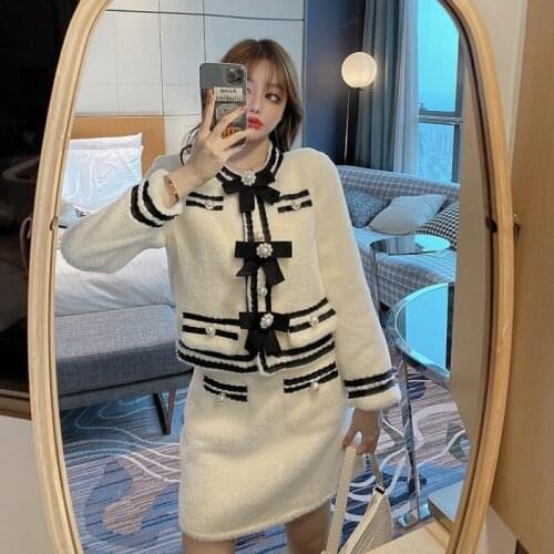 New Womens 2 Piece Set Luxury Pearl Buttons Bow Tie Woolen Jacket Coat + High Waist Skirt Ladies Autumn Winter Clothes