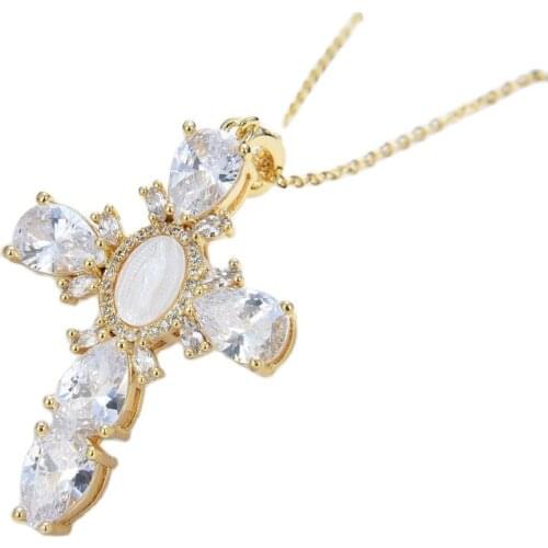 GG Jewelry 17.5" Shell pearl Cubic Zirconia micro pave Necklace Virgin Mary Cross Pendant necklacereligious style for women girl