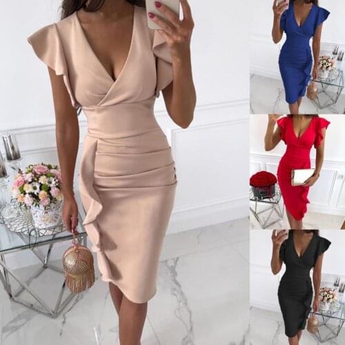 Women Sexy Dress Ruffle Sleeve Slim V Neck Cross Collar Dress for Banquet