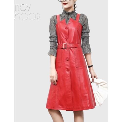 Novmoop genuine leather women dress french vintage style belt waist match button classic A shape Robe en cuir LT3440