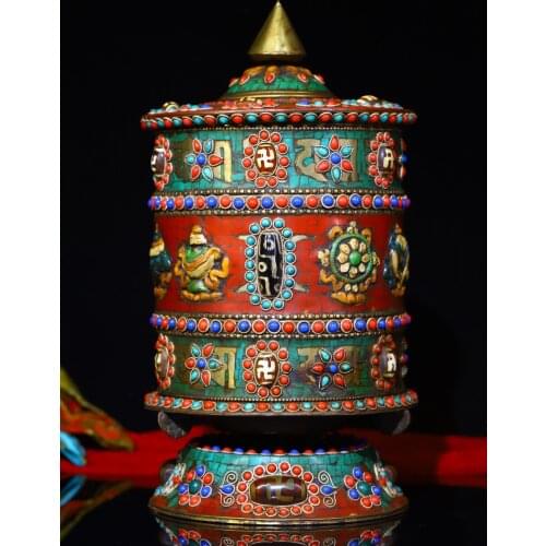 10" Tibet Buddhism Old Bronze gem Dzi Bead Prayer wheel Buddhist instruments Scripture Chanting Ward off evil spirits Exorcism