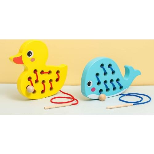 2021 New Cute Animals Duck Whale Wooden Stringing Threading Block Board Montessori Educational Math Toys Gifts