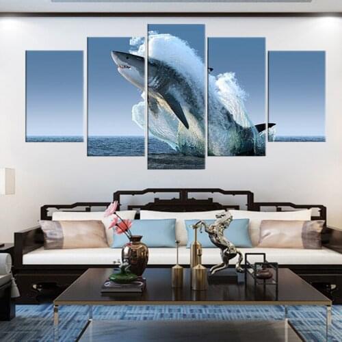 Modern HD Printed Wall Art Frame Canvas Pictures 5 Pieces Sea Surface Animal Jumping White Shark For Living Room Painting Poster