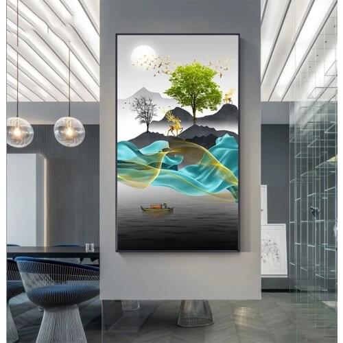 5d diamond painting Abstract art, golden deer flying bird tree landscape diy full square drill diamond embroidery round A192