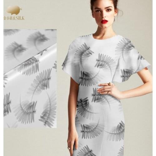 1.08 Meter X 1 Meter Dragonfly Print White Elastic Satin Mulberry Silk Fabrics Material