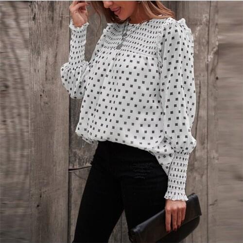 Polka Dot Chiffon Blouse Women Round Neck Ruffles Fashion Tops Long Sleeve Printed Casual Ladies Shirts New Autumn Winter
