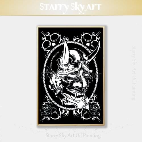 Pure Hand-painted Japanese Artwork Prajna Face Oil Painting on Canvas Black and White Art Japanese Prajna Figure Oil Painting