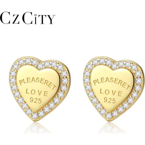 CZCITY Genuine Sterling Silver 925 Stud Earrings for Women Heart Design Charming Post Earrings Jewelry Valentines Day present