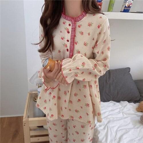Flower Print Home Suit Ruffles Pajamas Set Long Sleeve Shirts + Long Pants Suit Homewear Sleepwear Korean Kawaii Cotton Soft