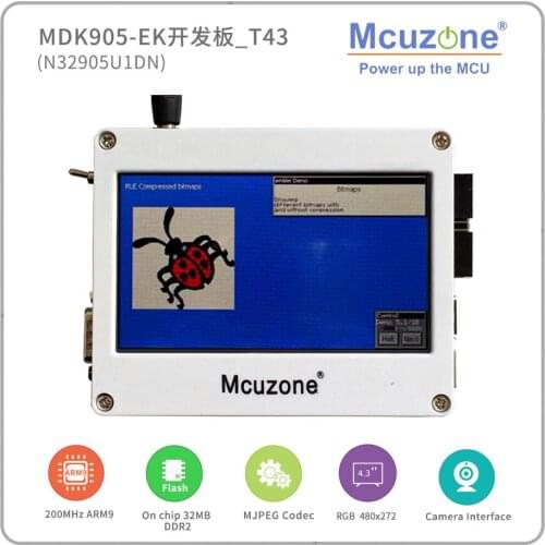 MDK905-EK_T43 N32905U1DN, NUVOTON ARM926 core based Soc, with on chip 32MB DDR, USB, JPEG codec, 4.3" 480272 TFTLCD with TP ucos