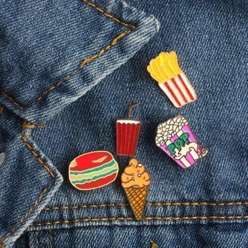 Fashion Foods Brooches Hamburger Ice Cream Popcorn Enamel Pin Cartoon Cute Metal Jewelry Backpack Denim Badges Gift for Children