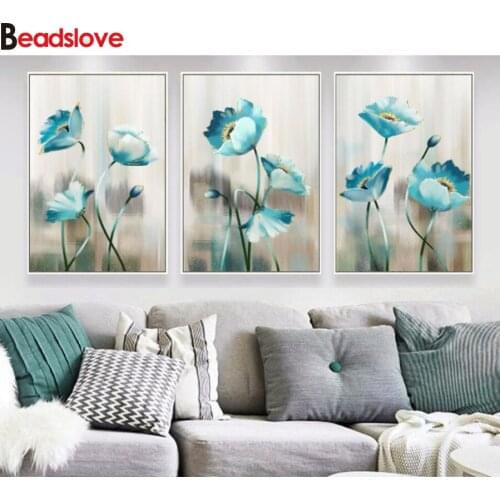 Home art Diamond Painting Blue Flower 5d DIY Diamond Embroidery Square Round drill Diamond Mosaic rhinestone 3 pcs set pattern