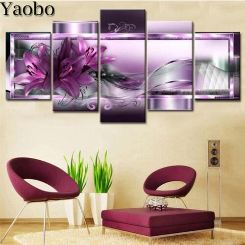 Purple lily Flowers Diamond Embroidery Full Display 5d Diamond Painting 5 pieces Full Square Picture Of Rhinestone Mosaic Kit