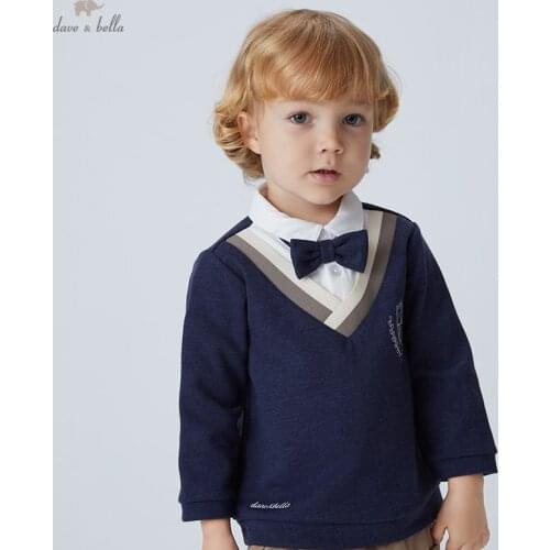DBX18610 dave bella autumn baby boys casual removable bow letter T-shirt children tops kids boy fashion tees