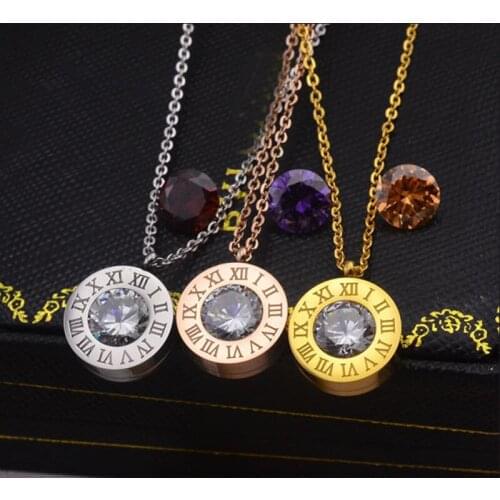Hot Sale Four Colors Cubic Zirconia Replaceable Round Rose Gold Color /Gold Color /Silver Color Titanium Stainless Drop Necklace