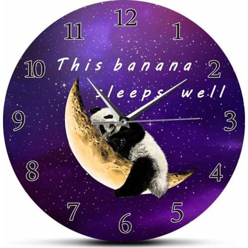 Panda Sleeping On the Crescent Moon Silent Movement Wall Clock For Kids Baby Bedroom This Banana Sleeps Well Cartoon Wall Watch