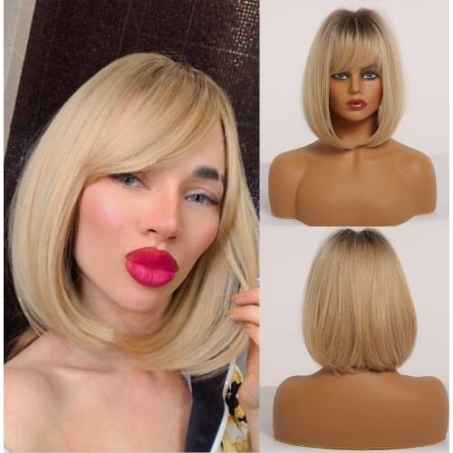 Short Straight Bob Wigs With Bangs Ombre Blonde Synthetic Hair Wigs for Afro Women Cosplay Daily Natural Wigs Heat Resistant