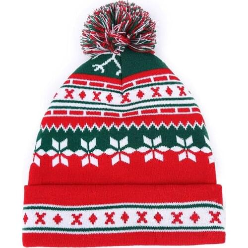 Christmas Knitted hat Winter Snowflake pattern Skullies Pure color Knitting wool ball Beanies Outdoor cold proof hats Christmas