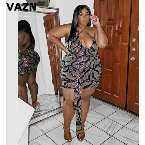 VAZN 2021 Hot Sequined Flaring Plus Size Sexy Club Halter Off Shoulder Joker Young Sweet Women High Waist Thin Mini Dress