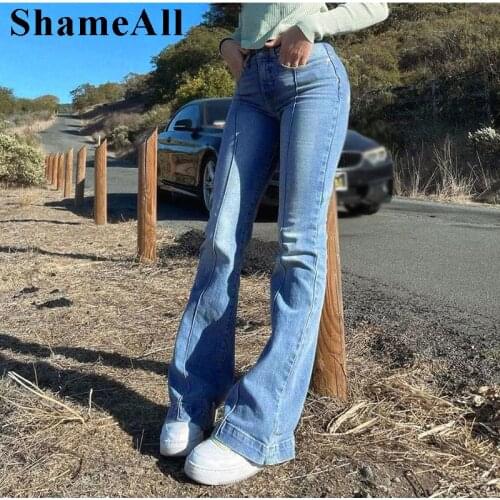 Spring Melody Super Elasticity Striped Blue Denim Pants Street Stretch Skinny Denim Joggers Flare Jeans Indie Aesthetic Trousers