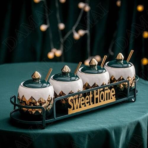 Light Luxury Ceramic Condiment Jar Set Spice Organizer Bottles Salt Tank Sugar Bowl Kitchen Porcelain Decorative Storage Tray