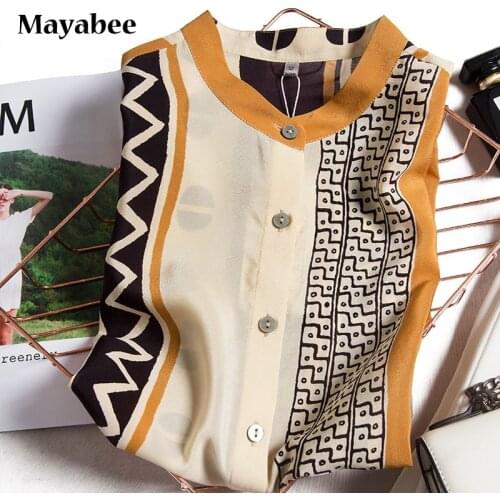 Heavy 100%Silk shirt Women Spring 2021 New Flower Shirt Geometric Printing Long-Sleeved Shirt Button