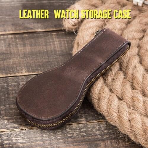 Vintage Leather Watch Storage Case for Wristwatch Organizer Smooth Zipper Watch Protective Carrying Case Travel Handmade Box