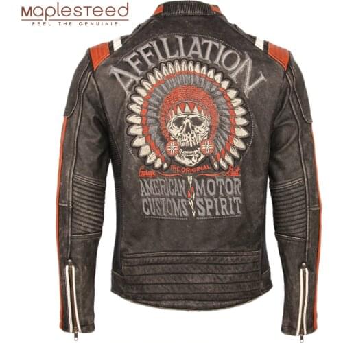 Vintage Embroidery Skulls Motorcycle Leather Jacket 100% Real Cowhide Moto Jacket Biker Leather Coat Winter Motor Clothing M220