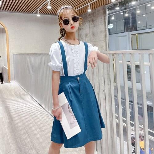 Girls Suspender Skirt Suit Dress Summer 2021 New Youth White Lace Shorts + College Style Sling Pleated Skirt 2PCS