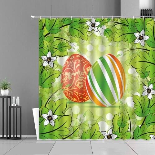 Green Leaves Colored Eggs Shower Curtain Spring Easter Cute Cartoon Rabbit Bath Curtains Children Room Bathroom Decor Waterproof