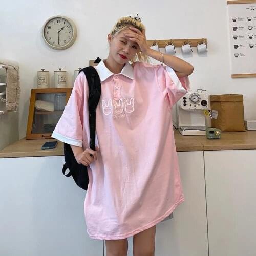 Pink Rabbit Polo Shirt For Girl Funny Female Kawaii Oversize Tees Fashion Japan Harajuku Gothic T Shirt Cotton Hip Hop Shirt