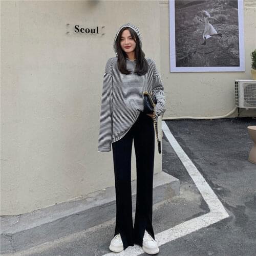 2021 Spring and Autumn Black Slit Suit Pants Women 's High Waist Drooping Mop Straight Leisure Horn Trousers