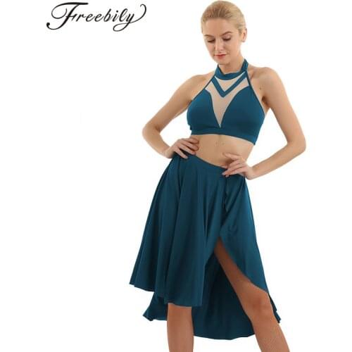 Womens Halter Sleeveless Backless Crop Top with Built In Shorts Skirt Set Latin Ballet Dress Asymmetric Lyrical Dance Costumes