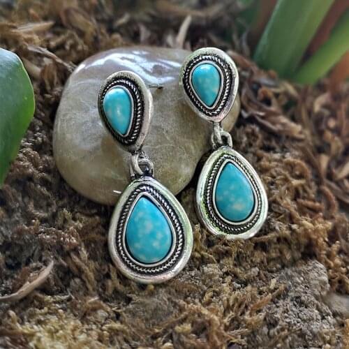 Womens Boho Ethinic Waterdrop Dangle Earrings Vintage Turquoises Stone Earrings Antique Silver Color Natural Blue Stone Earrings