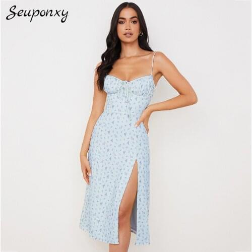 High Quality 2021 Summer Sexy Spaghetti Strap Backless Fashion Print Dress Elegant Womens Side Split Holiday Dress Vestidos
