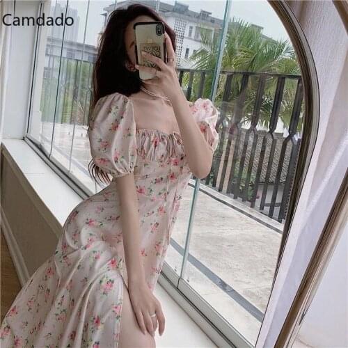 Summer Women Dress Collar Puff Sleeves Floral Printed Long Dress High Waist Fashion Square Dresses For Women Vestido 2021