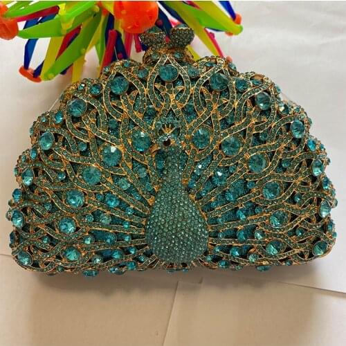 Gold Metal Blue Rhinestone Peacock Clutches Luxury Designer Women’s Shoulder Chain Handbags Fashion Party Dinner Diamond Purse