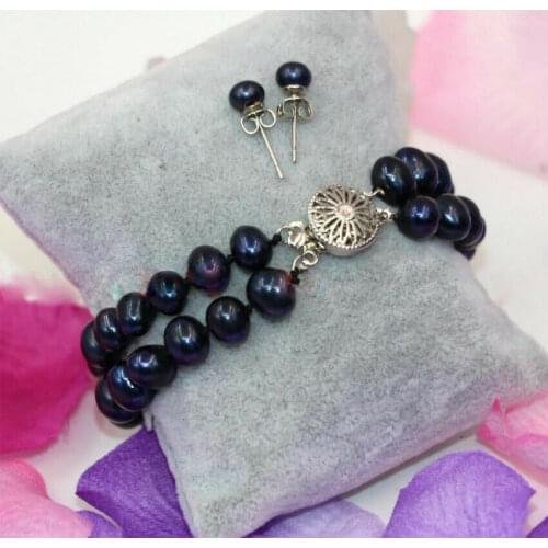 2 Rows 8-9mm Black Cultured Pearl Beads Bangle Bracelet 7.5"+ Earrings Set