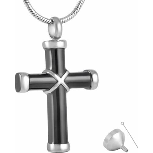 8350 Shiny Black Stainless Steel Cremation Jewelry Pendants Wrapped Cross Urn Necklace
