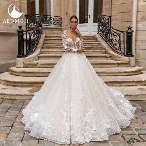 Aedmgh Ball Gown Wedding Dresses 2021 Sweetheart Long Sleeve Vestido De Novias Lace Appliques Sequined Princess Robe De Mariee