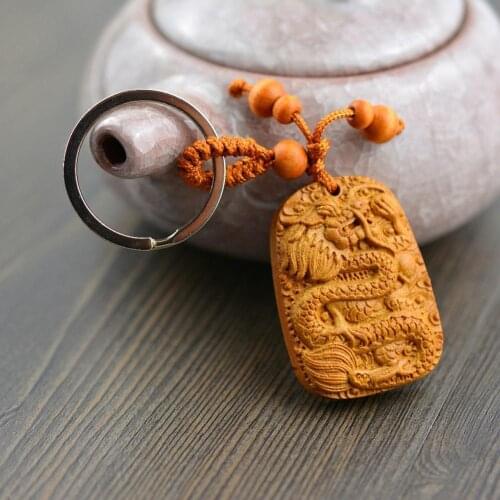 Peach Wood Carving Chinese Dragon Lucky Statue Pendant Buckle Keychain Keyring Chinese dragon statue carved good luck and happys