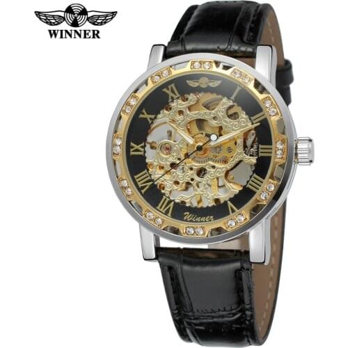 WINNER WATCH gloden and black Roman Numerals creative reverse black leather strap mens mechanical watch