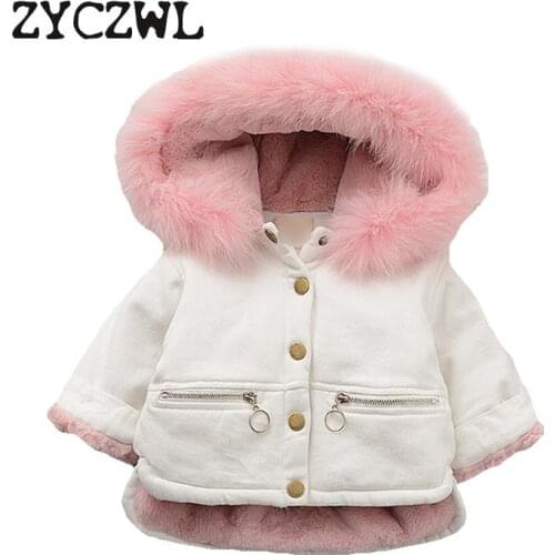Plus Velvet Baby Girl Winter Coat Hooded Fur Collar Infant Girls Fleece Jacket 1-4 Years Kids Toddler Girls Warm Parka Snowsuit