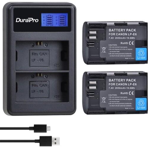 2pc 2650mAH LP-E6 LP-E6N Replacement Li-ion Battery Pack + LCD USB Dual Charger For Canon EOS 5D Mark II III 7D 60D 6D Camera