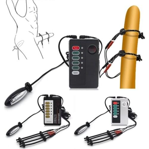 Double Output Electric Shock Pulse Anal Plug Penis Ring Dildo Butt Plug Prostate Massager Male Electric Stimulation Sex Toy