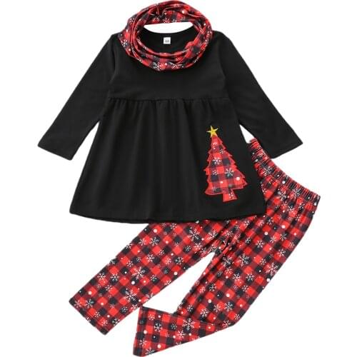 Lioraitiin 1-6Years Toddler Baby Girl 3Pcs Christmas Autumn Clothing Set Long Set Tree Printed Top Dress Plaid Pants