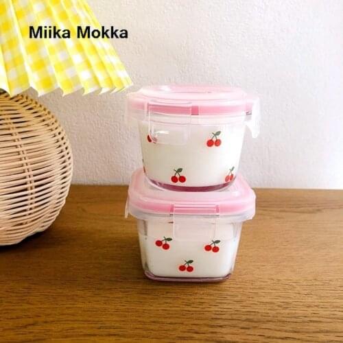 Cute Cherry Printed Salad Bowls with Lids Transparent Glass Bowl Sealed Food Container Fruit Container Dessert Snack Bowl