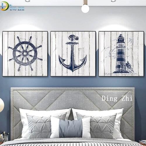 Nautical Navy DIY 5D Diamond Painting Square Round Anchor Compass Lighthouse Mosaic Cross Stitch Embroidery Mediterranean Style