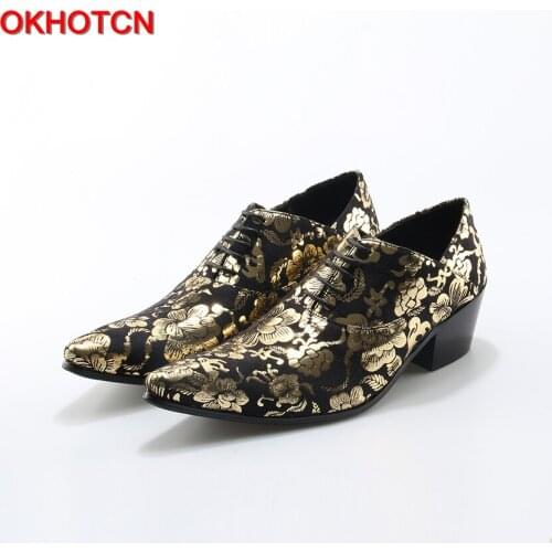 OKHOTCN Fashion Style Gold Flower Print Lace Up Men Oxfords Shoes Pointed Toe Chunky Heels Chaussure Homme Soft Leather Shoes